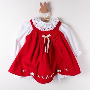 Vintage 90s Baby Togs 2pc Dress Set Red White Velvet Floral Eyelet Lace Baby 18M